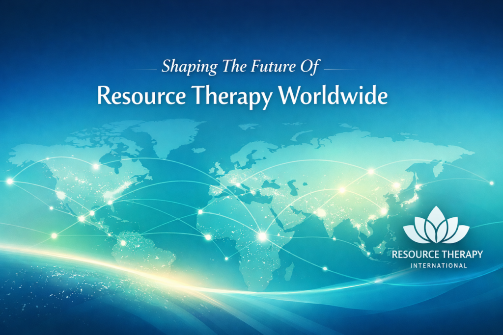 World map graphic in Bondi blue and teal with the Resource Therapy International lotus logo and the headline “Shaping The Future Of Resource Therapy Worldwide”, representing global leadership, training, and professional connection in Resource Therapy.