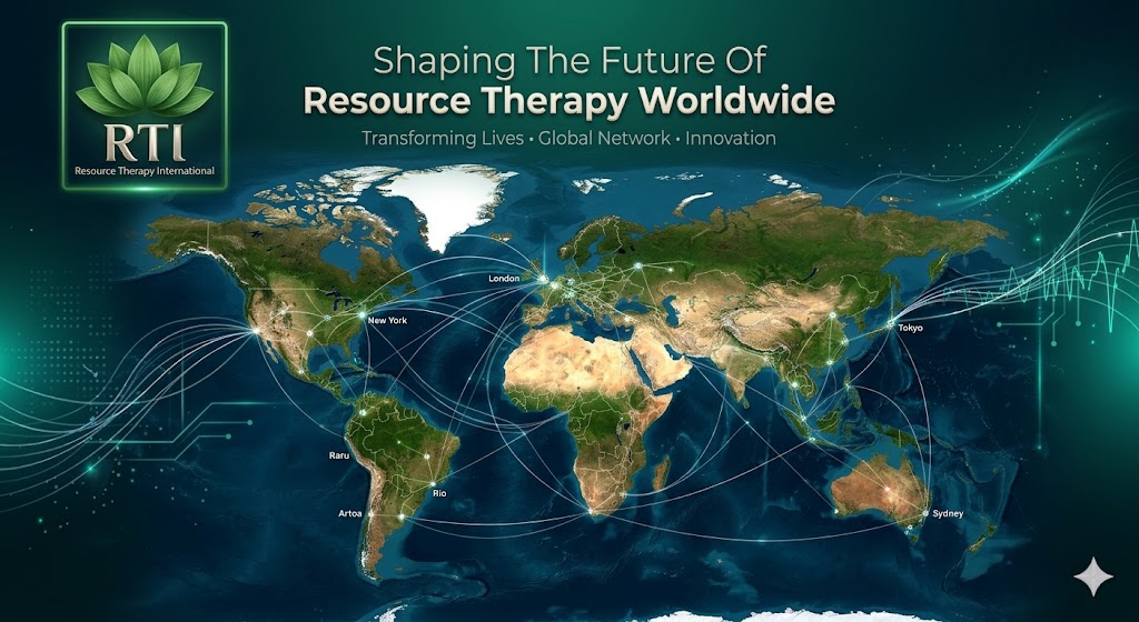A sophisticated, professional infographic with a realistic satellite-view world map on a deep green/teal background. Major cities are marked and connected by an intricate web of glowing network lines. At the top left is a glowing green square logo featuring a detailed green lotus and the text "RTI Resource Therapy International." Top center features the text headline: "Shaping The Future Of Resource Therapy Worldwide" with a subtitle: "Transforming Lives • Global Network • Innovation." The bottom right includes a subtle compass icon.