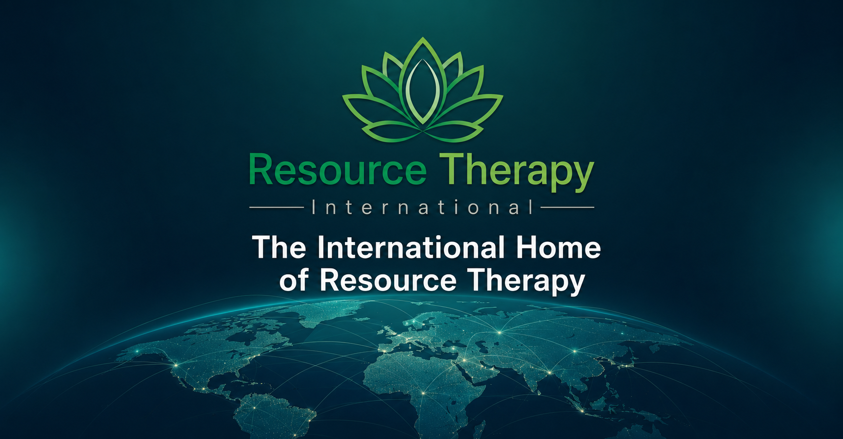 A modern, deep teal banner featuring the text "The International Home of Resource Therapy" and the Resource Therapy International (RTI) logo. The background is a detailed world map with glowing light lines connecting cities like London, New York, and Tokyo, symbolizing a global network.