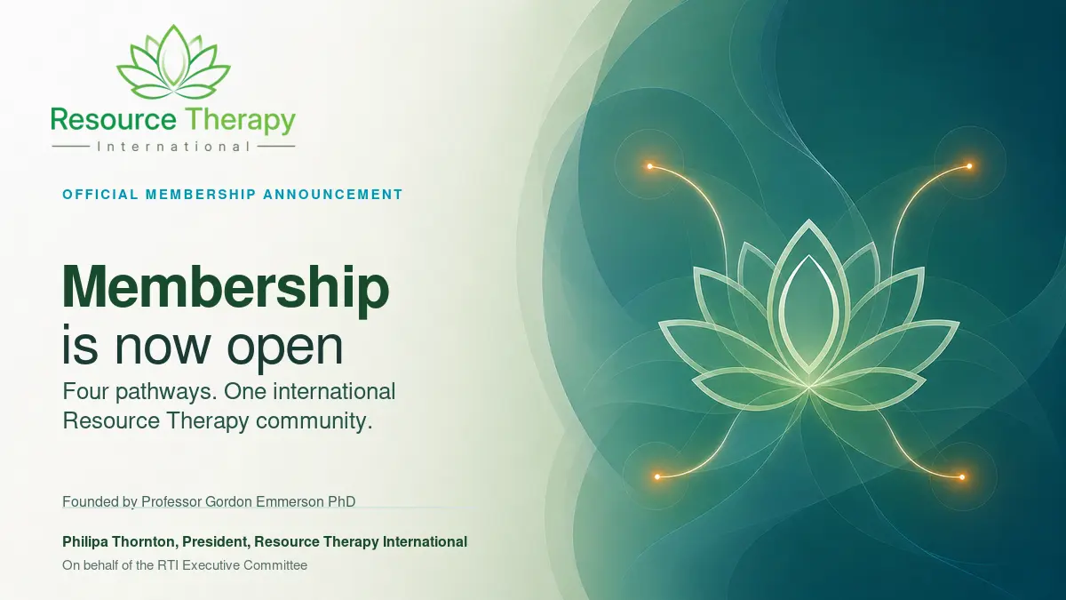 Resource Therapy International membership is now open, with the official RTI lotus logo and four pathways connecting one international community. Founded by Gordon Emmerson, Phillipa Thornton President